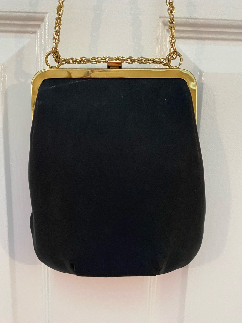 Vintage Classic Black Evening Bag with Gold Frame & Chain & Attached Coin Purse